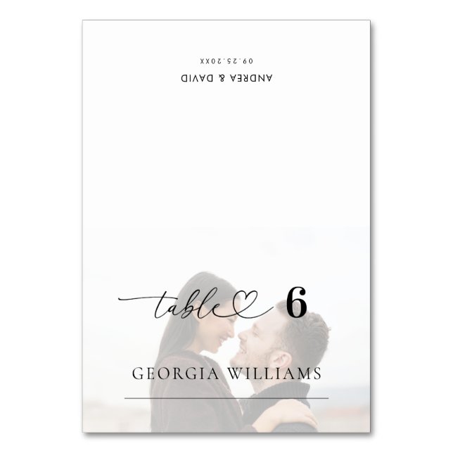 Numeração De Mesa Foto desbotada Coração de Casamento Editável Nome  (Frente)