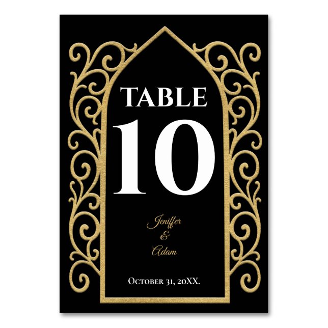 Numeração De Mesa Fronteira ornamentada preto e dourado Casamento Gó (Frente)