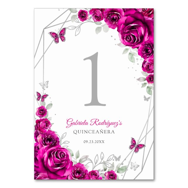 Numeração De Mesa Fuchsia Pink Silver Floral Quinceanera (Frente)