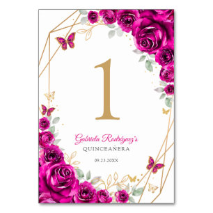 Numeração De Mesa Fuchsia Rosa Dourado Floral Quinceanera