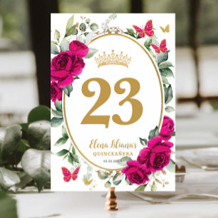 Numeração De Mesa Fuchsia Rosa Quente Floral Borboletas Quinceanera
