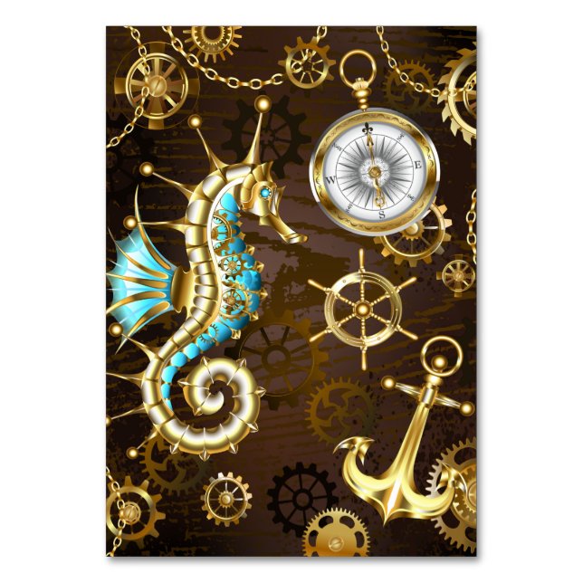 Numeração De Mesa Fundo de madeira com cavalo de mar mecânico (Frente)