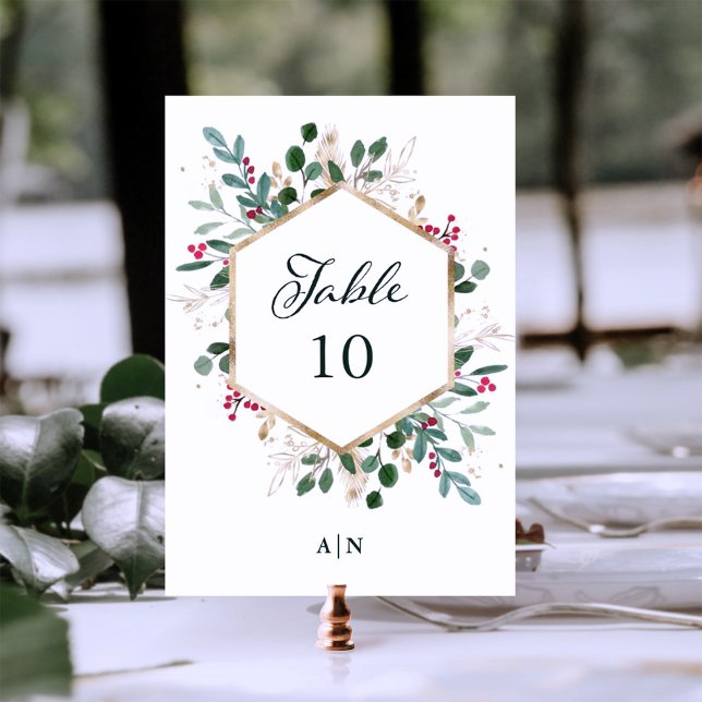 Numeração De Mesa Gilded Greenery em Branco | Casamento de Natal (A modern and elegant holiday wedding table card with stunning faux gold accents)