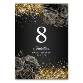 Numeração De Mesa Glam Floral Preto Brilho Dourado Sweet Sixteen