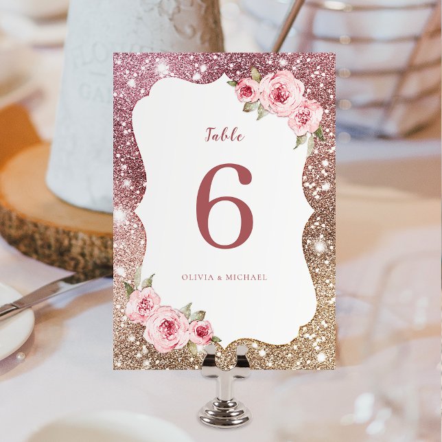 Numeração De Mesa Glitter de ouro de rosa Sparkle e Casamento floral (Sparkle rose gold glitter and floral Wedding Table Number card)