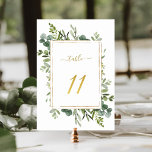 Numeração De Mesa Glitter Dourado de Casamento Verde Botânico 11,<br><div class="desc">Mesa 11 Verifique todos os números disponíveis. | Este número da tabela de casamento apresenta cor d'água,  eucalipto verde e folhas verdes,  pintadas com uma falso cor dourada,  estrutura retangular,  texto e número. Para uma personalização mais avançada deste design,  clique no BOTÃO FERRAMENTA DESIGN AZUL acima!</div>