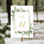 Numeração De Mesa Glitter Dourado de Casamento Verde Botânico 13,<br><div class="desc">Mesa 13. Verifique todos os números disponíveis. | Este número da tabela de casamento apresenta cor d'água,  eucalipto verde e folhas verdes,  pintadas com uma falso cor dourada,  estrutura retangular,  texto e número. Para uma personalização mais avançada deste design,  clique no BOTÃO FERRAMENTA DESIGN AZUL acima!</div>