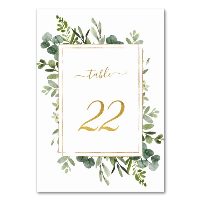 Numeração De Mesa Glitter Dourado de Casamento Verde Botânico 22, (Frente)