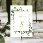 Numeração De Mesa Glitter Dourado de Casamento Verde Botânico Número<br><div class="desc">Mesa 8. Verifique todos os números disponíveis. | Este número da tabela de casamento apresenta cor d'água,  eucalipto verde e folhas verdes,  pintadas com uma falso cor dourada,  estrutura retangular,  texto e número. Para uma personalização mais avançada deste design,  clique no BOTÃO FERRAMENTA DESIGN AZUL acima!</div>