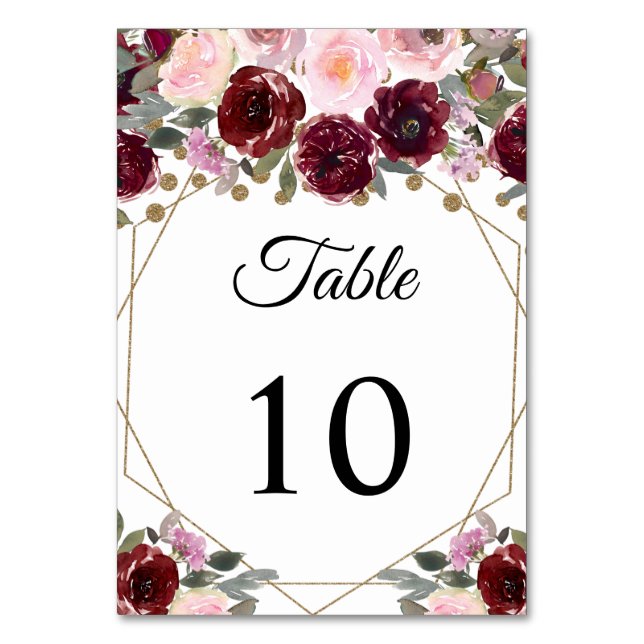 Numeração De Mesa Glitter Dourado Floral Burgundy Geométrico (Frente)