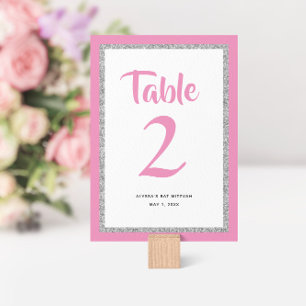 Numeração De Mesa Glittery Bat Mitzvah Pink e Retângulo Prateado