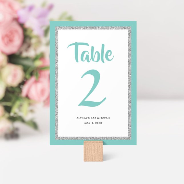 Numeração De Mesa Glittery Bat Mitzvah Teal and Silver (Criador carregado)