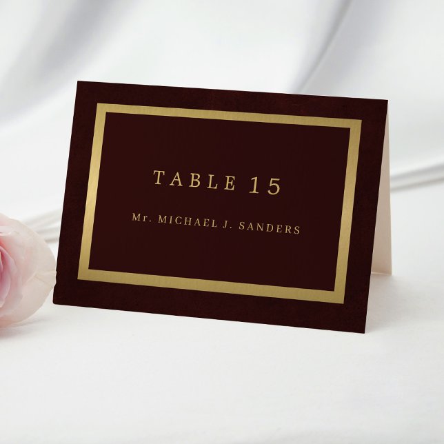Numeração De Mesa Gold burgundy guest name wedding place card  (Criador carregado)