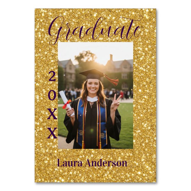 Numeração De Mesa Gold glitter photo graduation add name class text (Frente)
