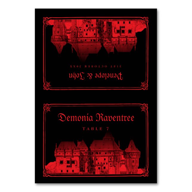 Numeração De Mesa Gothic Vampire Castle Black Red Wedding Place Card (Frente)