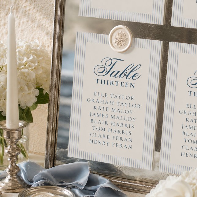 Numeração De Mesa Gráfico de Assentos de Casamento com Listra Azul O (Old Money Blue Stripe Wedding Seating Chart Table Number)