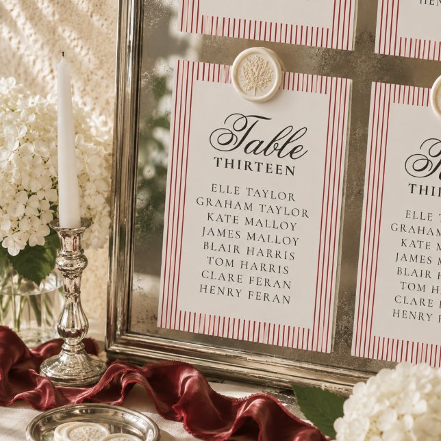 Numeração De Mesa Gráfico de Assentos de Casamento com Listra Vermel (Old Money Red Stripe Wedding Seating Chart Table Number)