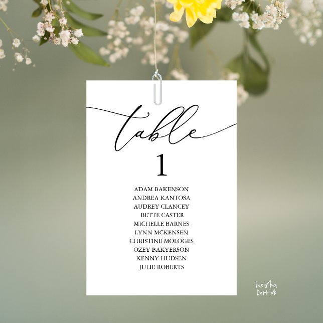 Numeração De Mesa Gráfico de Assentos de Casamento Preto e Branco El (Elegant Wedding Dinner Table Hanging Seating Chart Card, with Table Number Guest Names Black White)