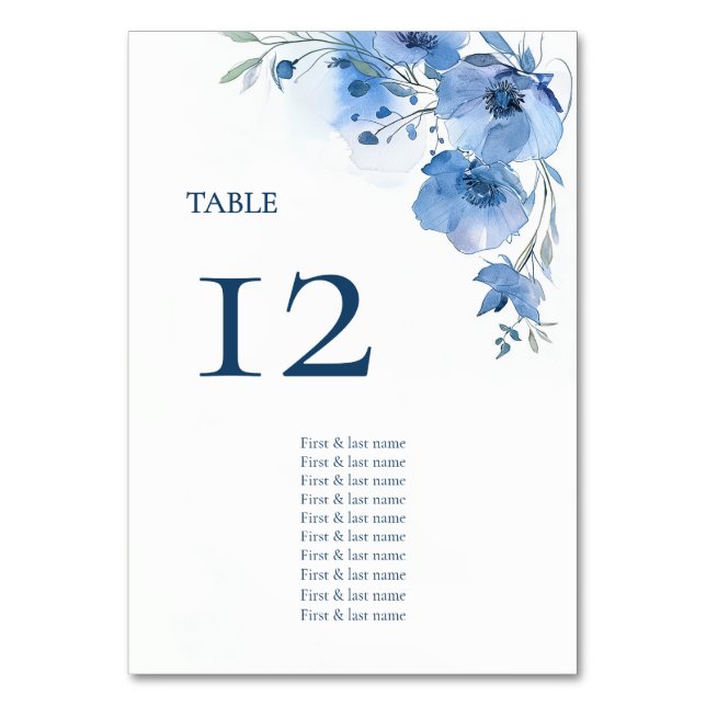 Numeração De Mesa Gráfico de Assentos de Flores de Aquarela Azul (Frente)