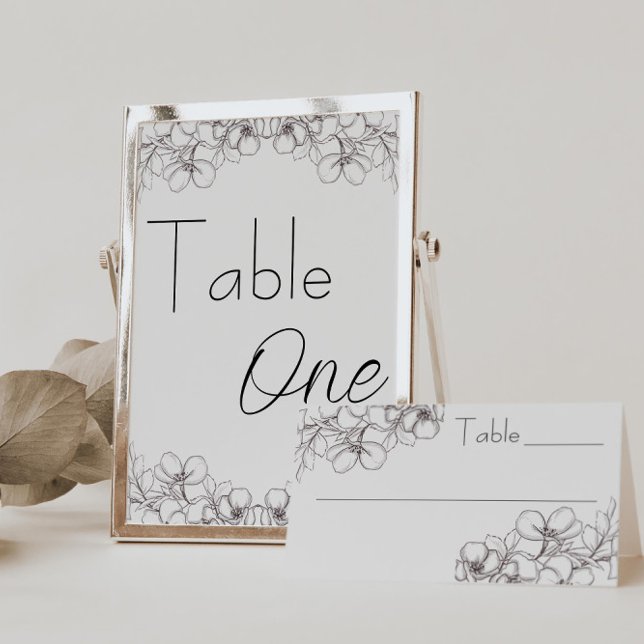 Numeração De Mesa Gráfico Floral de Recepções de casamento (table numbers wedding floral line art black and white script)