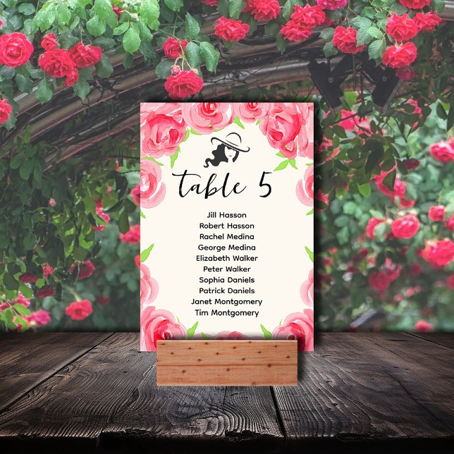 Numeração De Mesa Grande Hat Lady e Rosa Derby (Big Hat Lady and Roses Derby Party Table Number Cards also feature the name of your guests.)