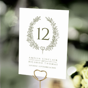 Numeração De Mesa Grinalda oval de folhas oliva verde branco casamen