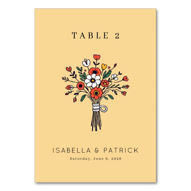 Numeração De Mesa Ilustração de Buquê Floral Bege Alegre (Frente)