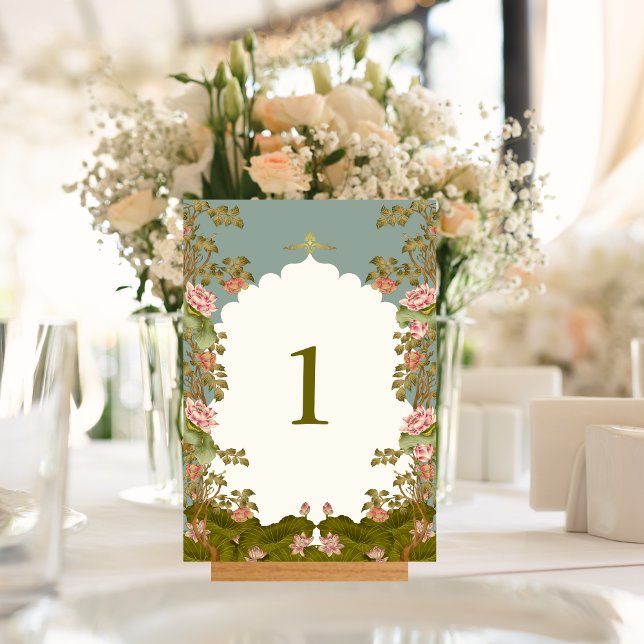 Numeração De Mesa Indian Wedding Floral Lotus Oriental (Indian Wedding Floral Teal Lotus Roses Table Number)