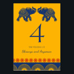 Numeração De Mesa Índio - Elefantes Pensados no Casamento Real Azul<br><div class="desc">Estes números de tabelas oferecem uma tomada moderna das cerimônias de casamento tradicionais da Índia e recepções com sua corajosa paleta de cor amarelo ouro,  vermelho e azul real. Os cartões numéricos são acentuados por um motivo geométrico e ilustrações ilustrativas de elefantes em azul real.</div>