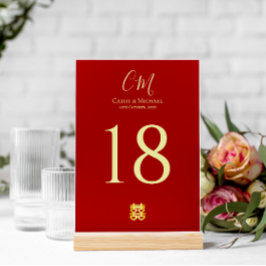 Numeração De Mesa Iniciais de casal moderno casamento chinês vermelh