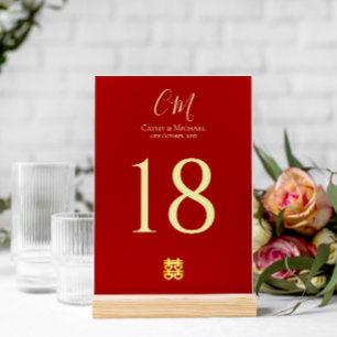 Numeração De Mesa Iniciais de casal moderno casamento chinês vermelh