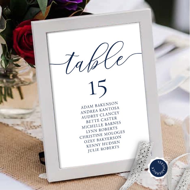 Numeração De Mesa Janto Casado, Romance Seating Chart, Marinho Azul (Wedding Dinner Guest Seating Chart Card, in Modern Romantic Classy Navy Blue Themed.)