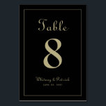 Numeração De Mesa Janto Formal da Recepção de casamento Preta Dourad<br><div class="desc">O sinal de festa de número de tabela de casamento design apresenta uma elegância clássica com a cor de tom de ouro chico contemporânea em um plano de fundo preto sofisticado clássico. Personalize a design de mesa de casamento com seu nome, data de casamento e número de tabela em letra...</div>