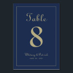 Numeração De Mesa Janto Formal de Recepção de casamento Azul Dourada<br><div class="desc">O sinal de festa de número de tabela de casamento design apresenta uma elegância clássica com a cor de tom de ouro chic contemporânea em um fundo azul clássico de marinho. Personalize a design de mesa de casamento com seu nome, data de casamento e número de tabela em letra de...</div>