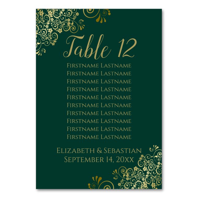 Numeração De Mesa Lacy Dourada Chic Emerald Green - Gráfico de Casam (Frente)