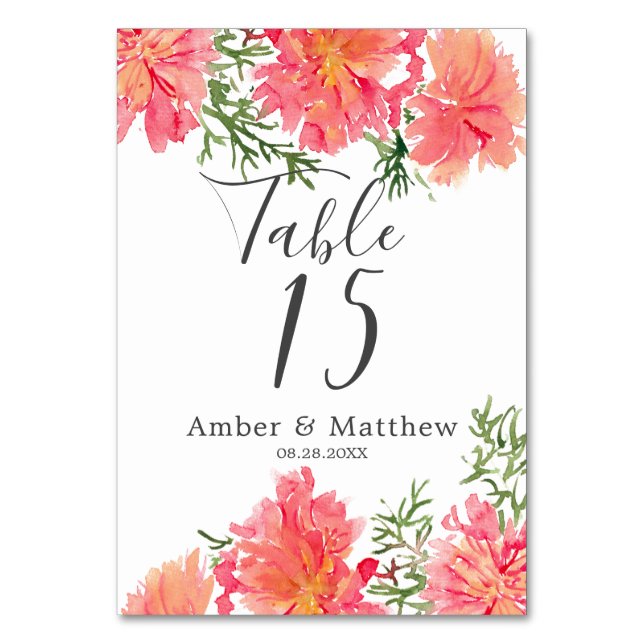 Numeração De Mesa Laranja e Cor de Água Rosa Dahlia Casamento (Frente)