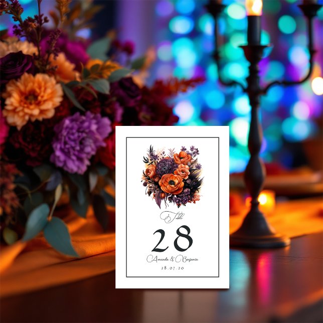 Numeração De Mesa Laranja Queimada, Púrpura Escura E Casamento Flora (Burnt Orange, Dark Purple & Black Floral Wedding Table Number)