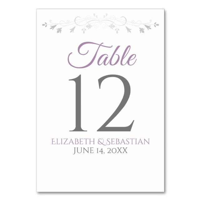 Numeração De Mesa Lavanda Roxo e Cinza Casamento Elegante Simples (Frente)