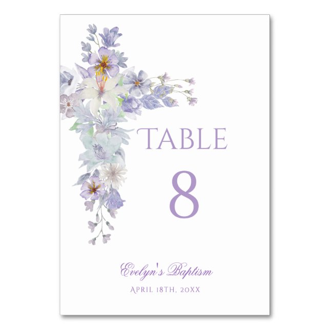 Numeração De Mesa Lavender Floral Cross Baptism Table Number (Frente)