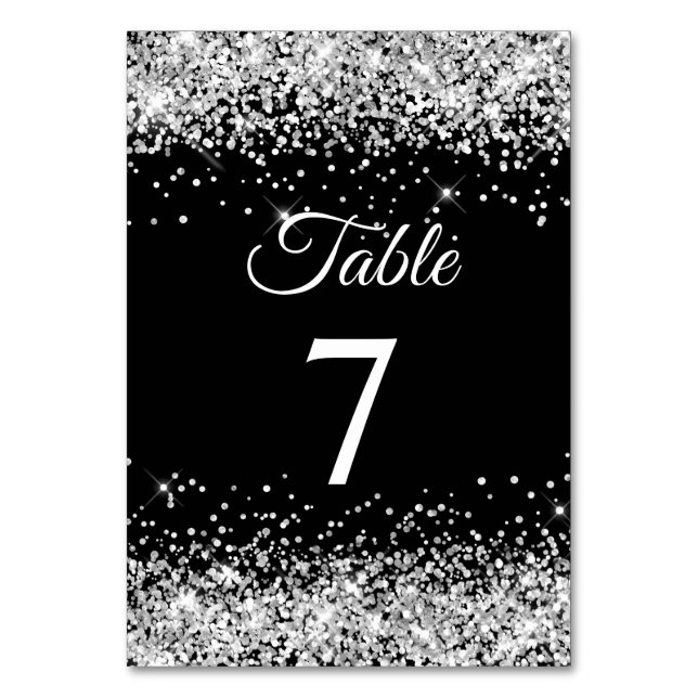 Numeração De Mesa Letras Elegantes Prateadas com Brilho Preto (Frente)