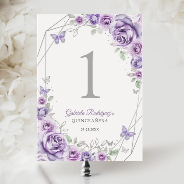 Numeração De Mesa Lilac Purple Silver Floral Quinceanera (Criador carregado)