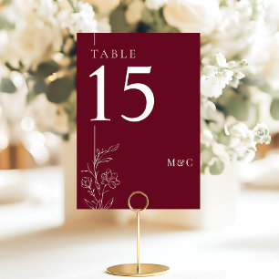 Numeração De Mesa Linha Arte Floral Moderno Burgundy Casamento Elega