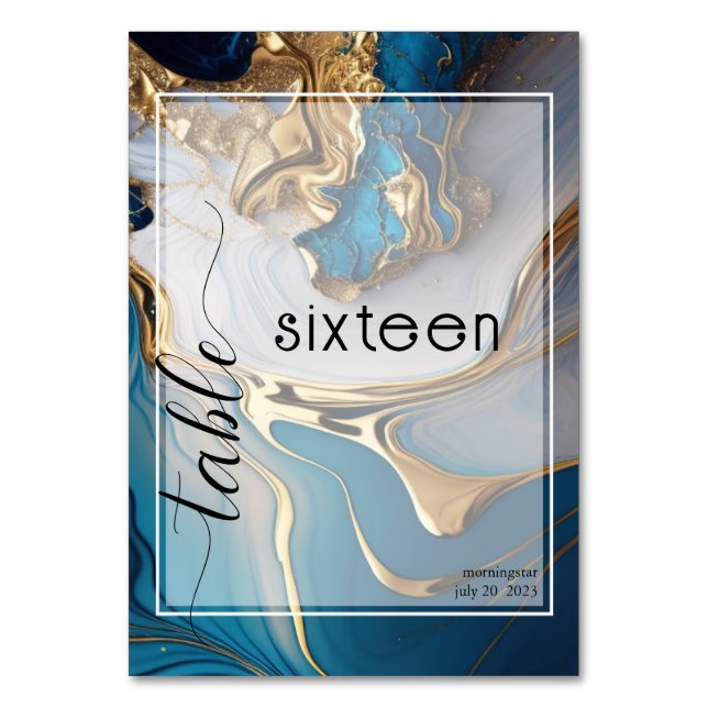 Numeração De Mesa Líquido de abstrato Dourado no Marble Azul (Frente)