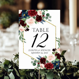 Numeração De Mesa Love Bloom Casamento Floral de Borgonha Marinho