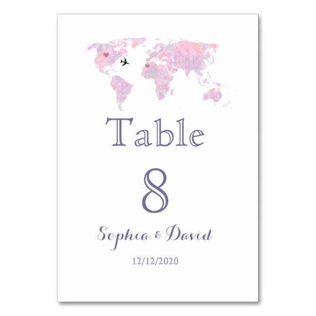 Numeração De Mesa Mapa Mundial de Aquarela Viagem de Destino (Frente)