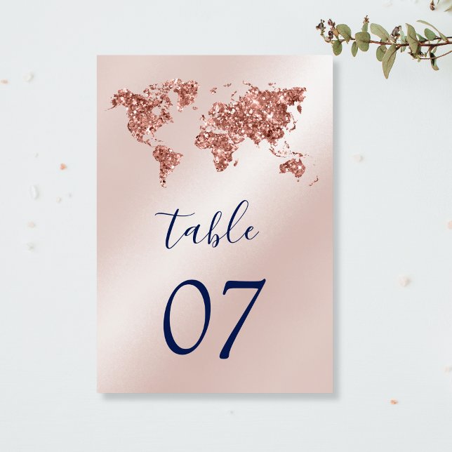 Numeração De Mesa Mapa Mundial Rosa de Casamento de Destino Único (rose gold glitter world map)