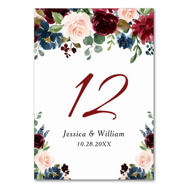 Numeração De Mesa Marinho Azul Blush Floral Flor Aquarela Russo (Frente)