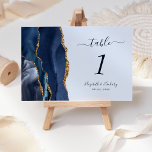 Numeração De Mesa Marinho Azul Dourado Agate Pastel Casamento<br><div class="desc">A borda esquerda desta elegante e moderna placa de número da mesa de casamento apresenta uma marinho azul de aquarela agata borda aparada com falso brilho dourado. O texto personalizável combina a escrita manual azul do marinho,  as fontes itálicas e compactas em um fundo azul pastel.</div>
