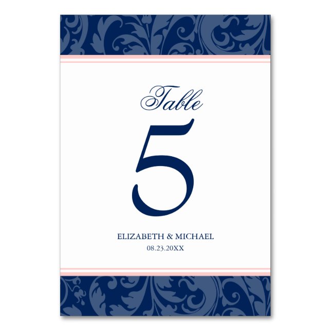 Numeração De Mesa Marinho Blue e Blush Pink Damask Swirl Casamento (Frente)