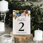 Numeração De Mesa Marinho E Rust Watercolor Boho Floral Personalizad<br><div class="desc">Esta bela placa floral de números de mesa apresenta flores de aquarela e seu texto personalizado em ambos os lados da placa. Use a modelo para preencher suas informações. O recurso "Personalizar mais" pode ser usado para alterar a fonte (tamanho, estilo, cor), adicionar mais linhas de texto ou alterar o...</div>